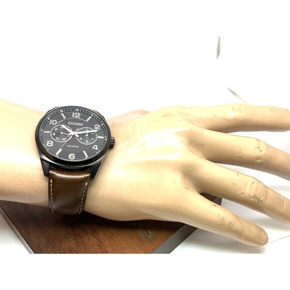 Citizen Men's Watch AO9028-07E Eco-Drive Black Dial Brown Leather Strap 43mm - Picture 5 of 15
